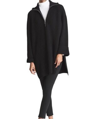 REISS Jean Zip Neck Tunic Sweater in Black - Size Small